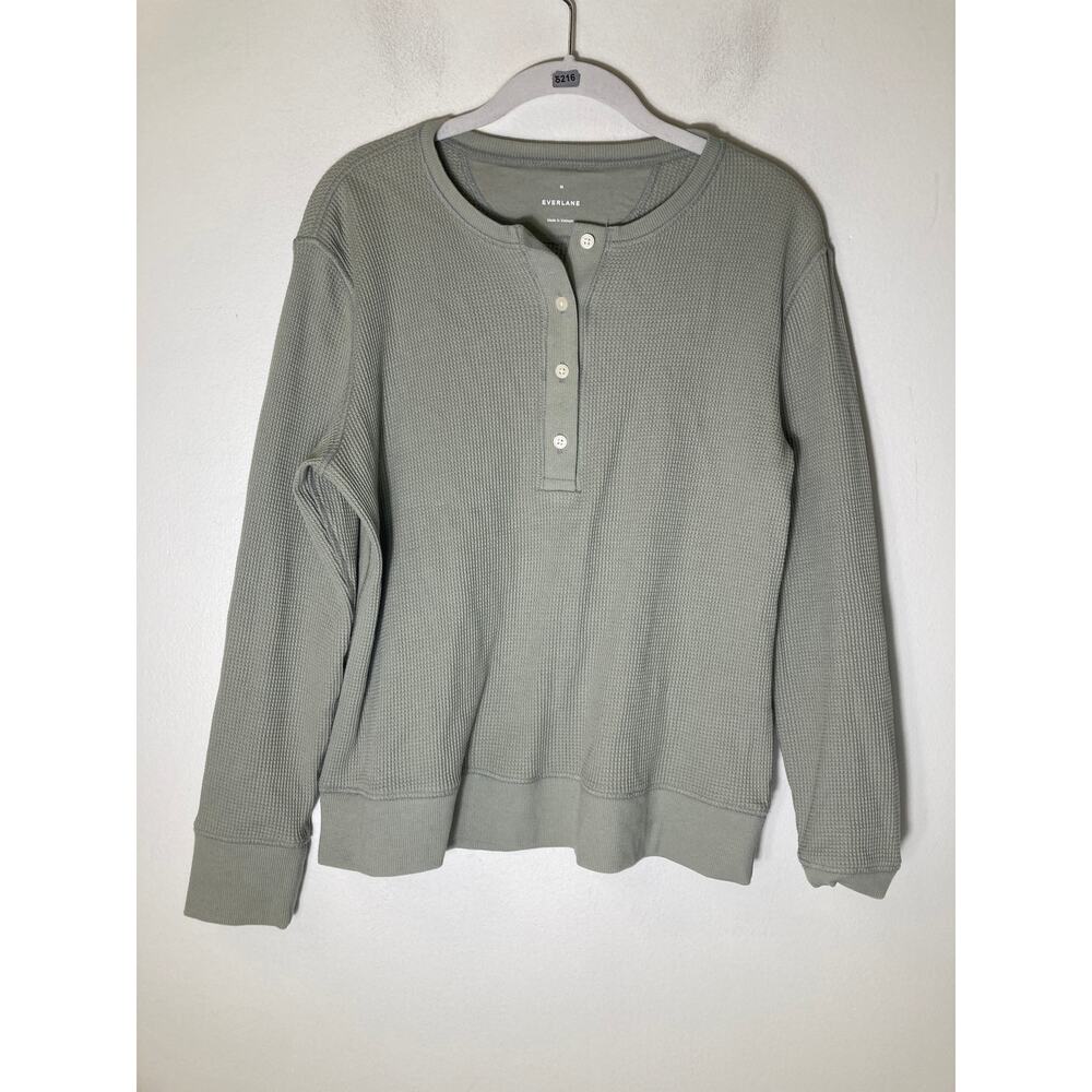 Everlane Sage Green Waffle Henley Long Sleeve Top